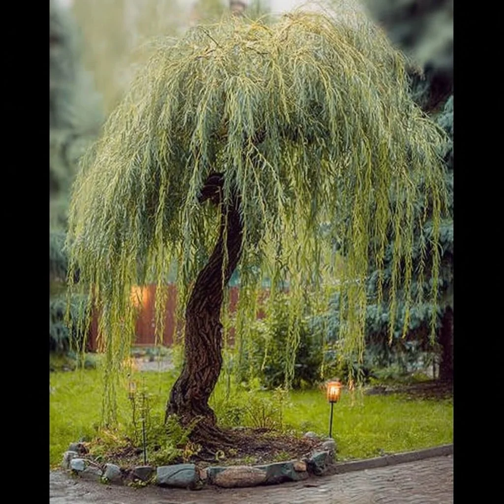 Dwarf weeping trees in a small garden setting, showcasing their elegant forms.