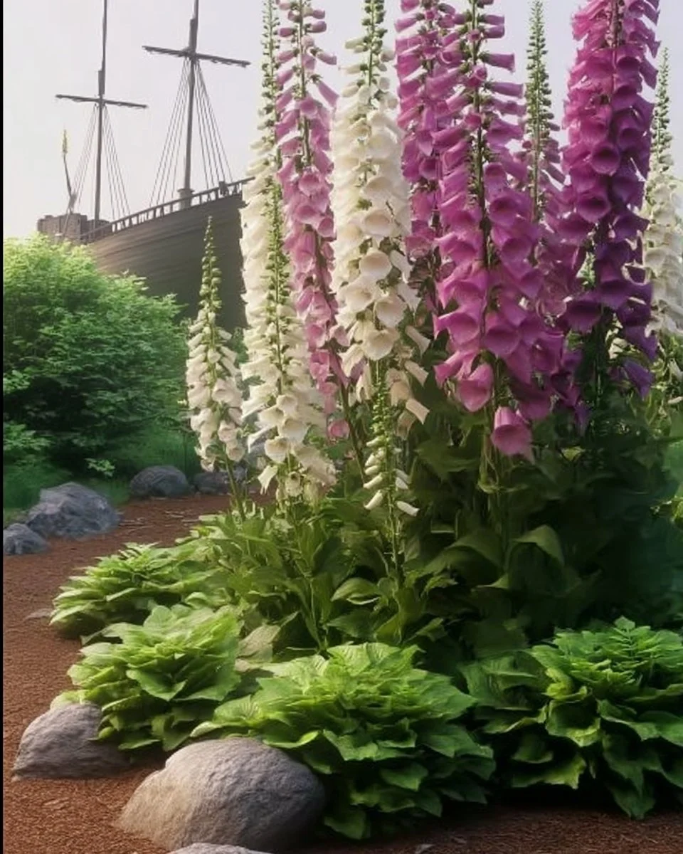 A variety of tall shade plants in a lush garden setting.