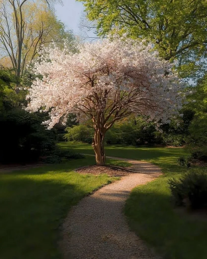 A collection of small, beautiful flowering trees in vibrant bloom.
