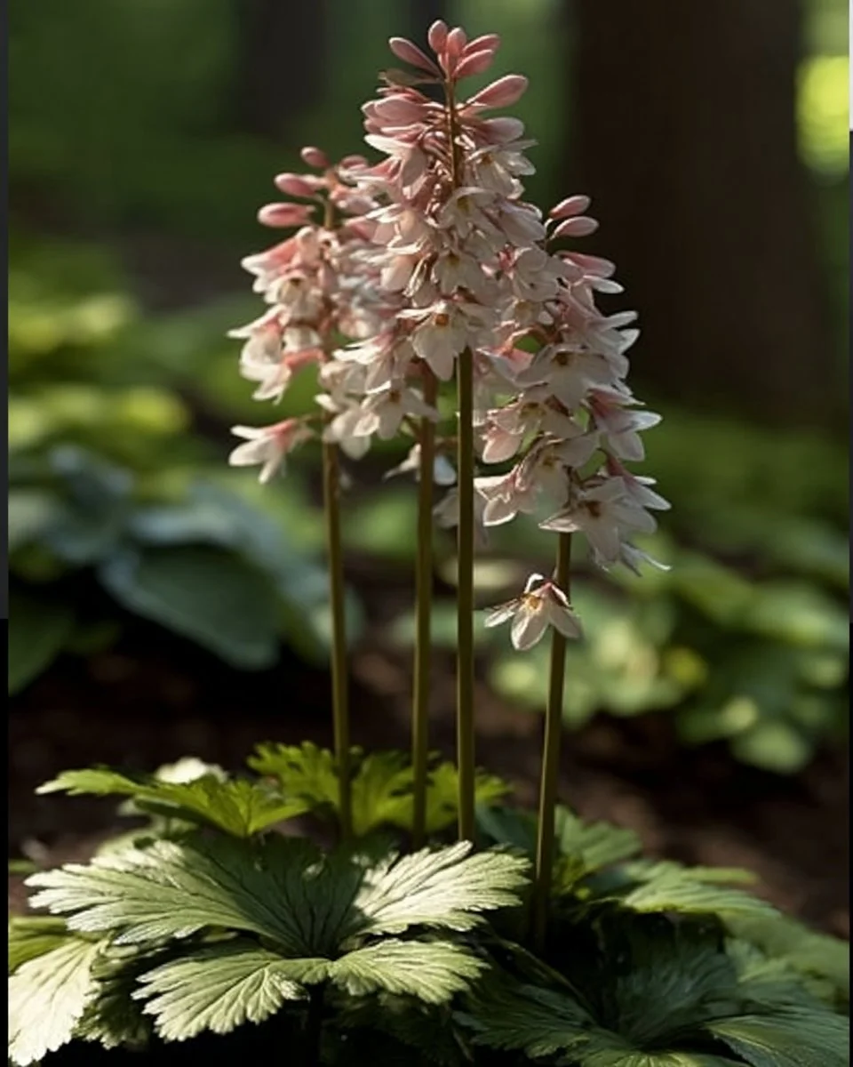 Variety of shade-loving perennials flourishing in a shaded garden.