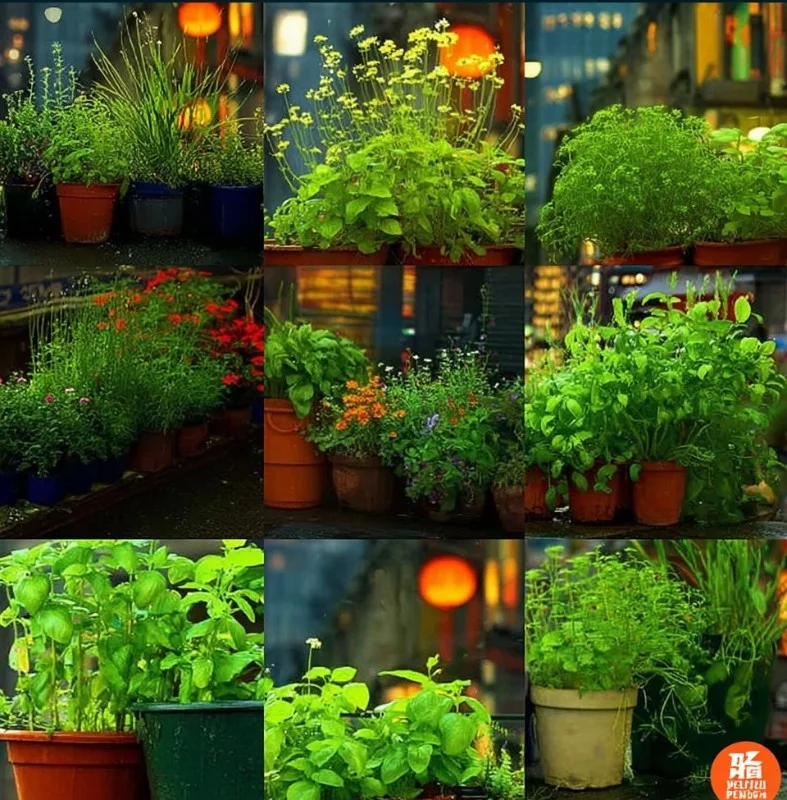 A vibrant container garden with various herbs thriving in pots.