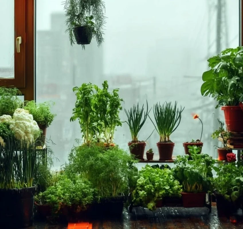 Variety of indoor vegetable plants thriving in pots on a windowsill