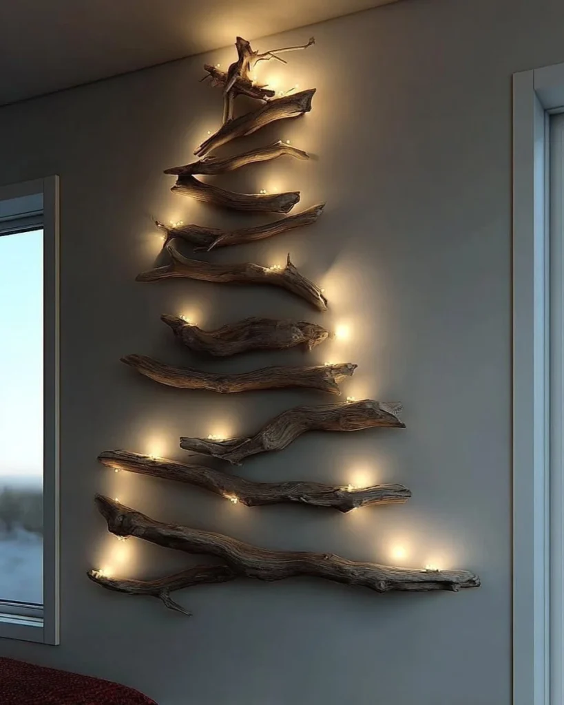 A stylish minimalist Christmas tree adorned with simple decorations in a modern living room.