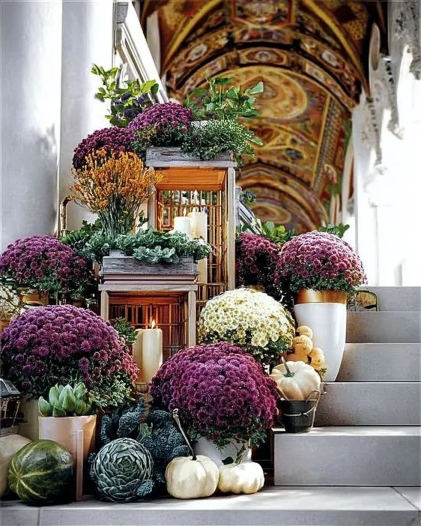 Beautiful home garden decorated with colorful mums in various arrangements.