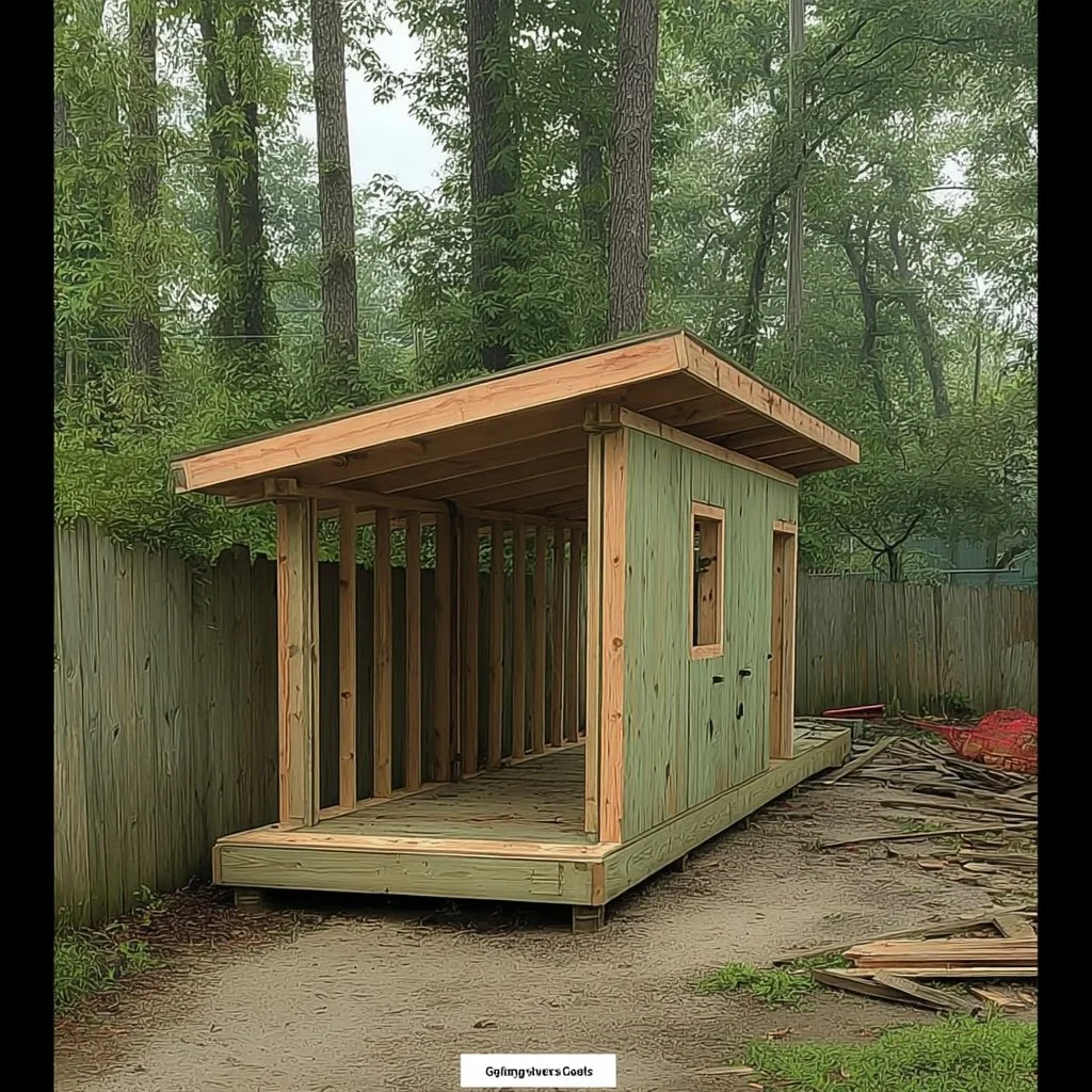 Various styles of lean to sheds in a backyard setting
