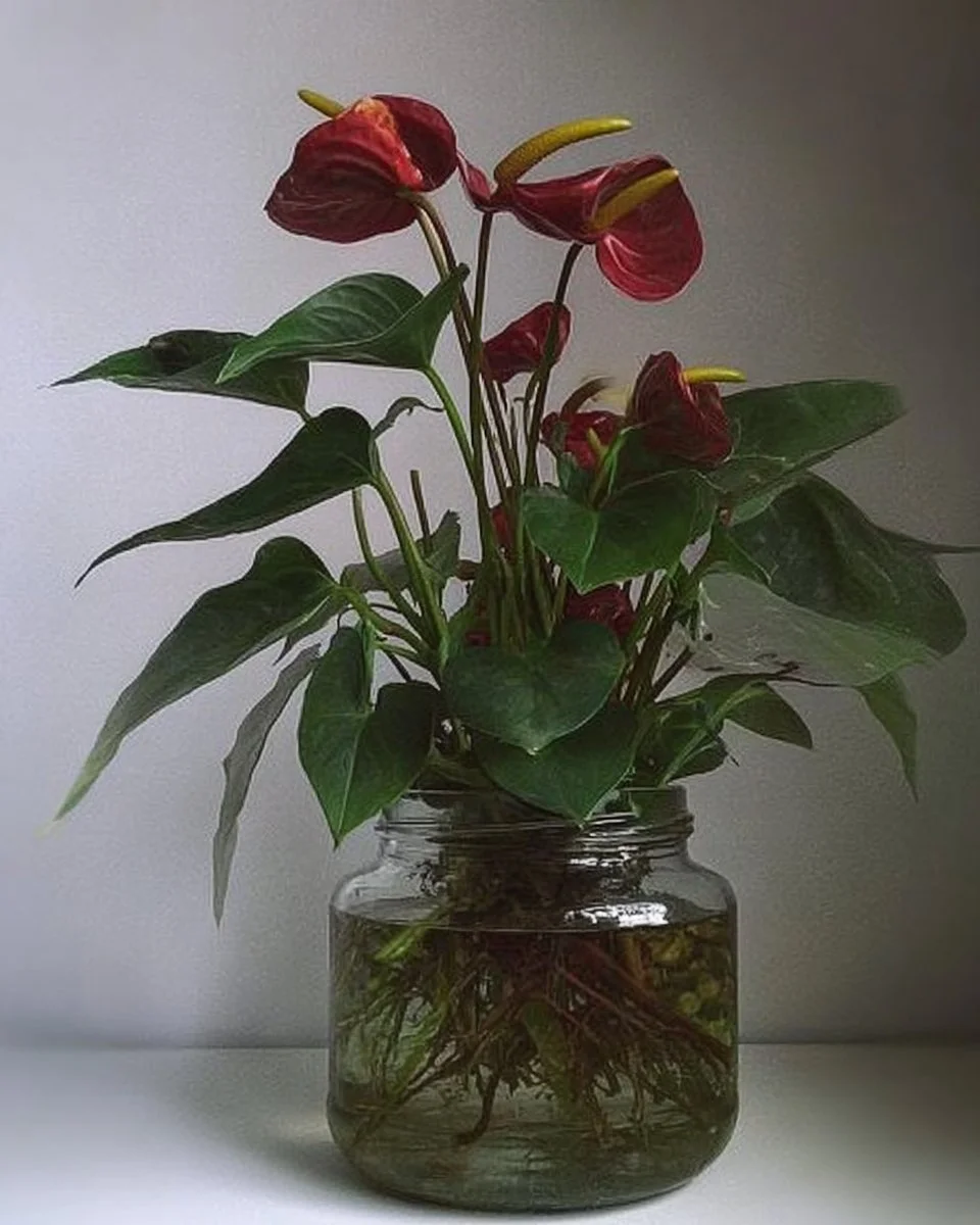 Anthurium display in glass vases featuring various creative arrangements.