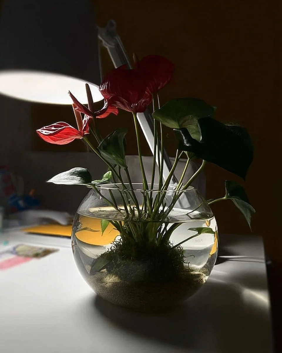 Anthurium display in glass vases showcasing 18 creative arrangements.
