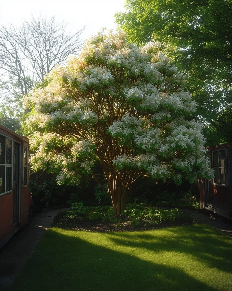 Outdoor trees and hedges enhancing privacy in a small yard