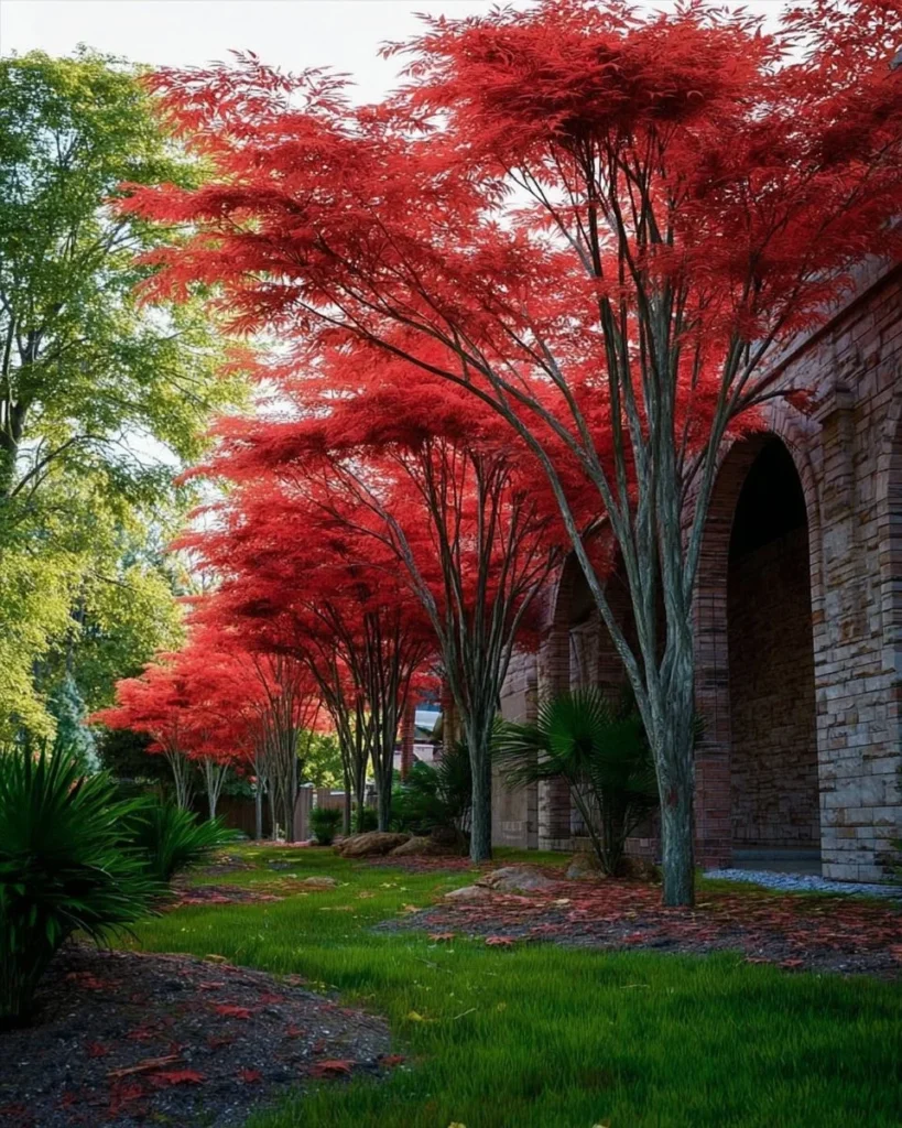 Variety of stunning front yard trees enhancing curb appeal of a residential home.