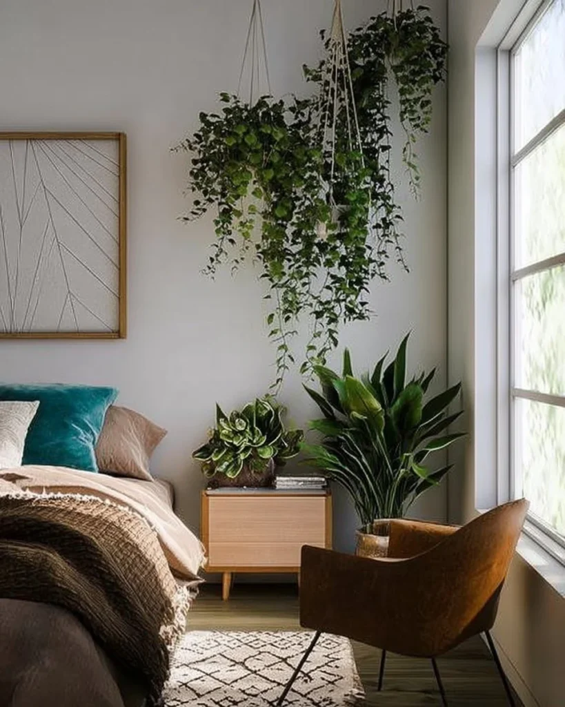 Stylish hanging plant display ideas for elevating bedroom decor and freshness.