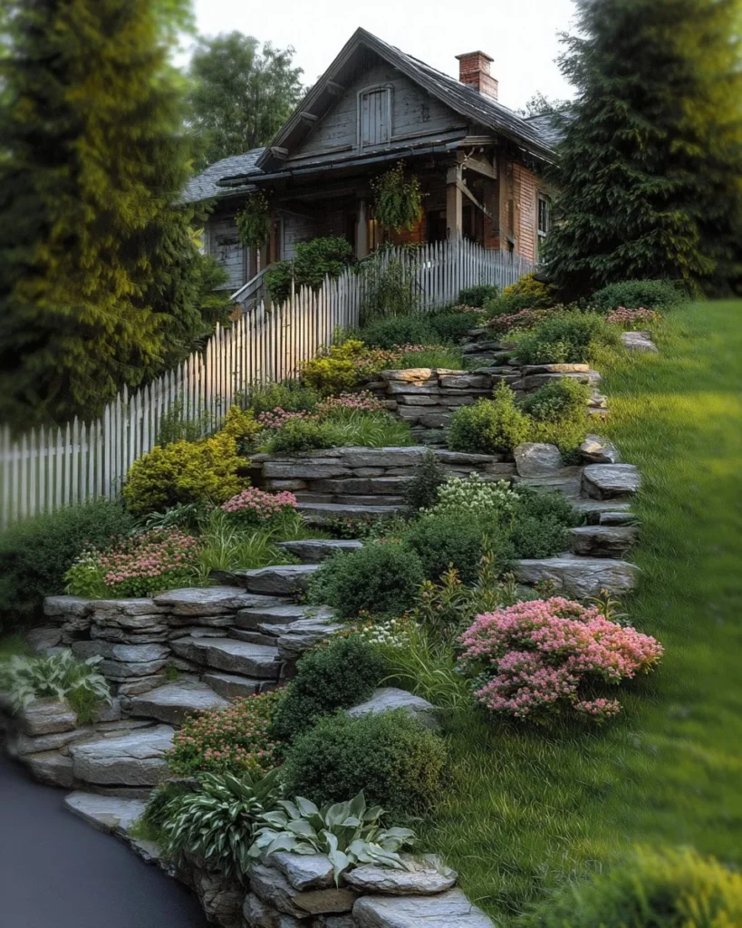 Beautiful sloped yard garden showcasing creative landscaping ideas.