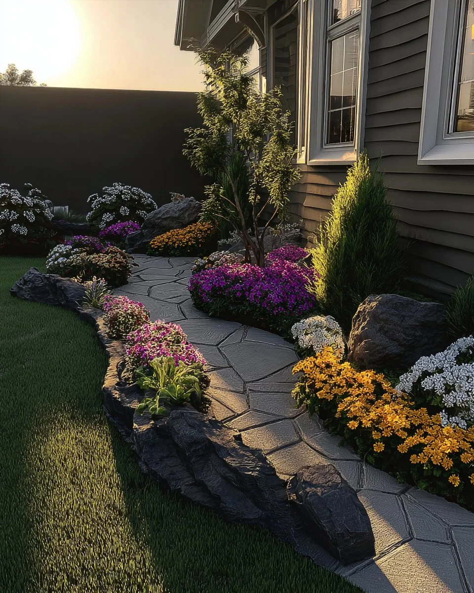 Beautiful side of house landscaping showcasing flowers, stones, and greenery.
