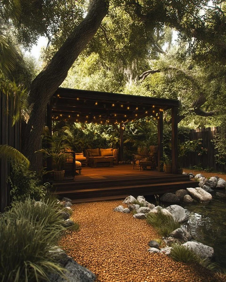 Cozy backyard deck decorated for fall with leaves and seasonal decor.