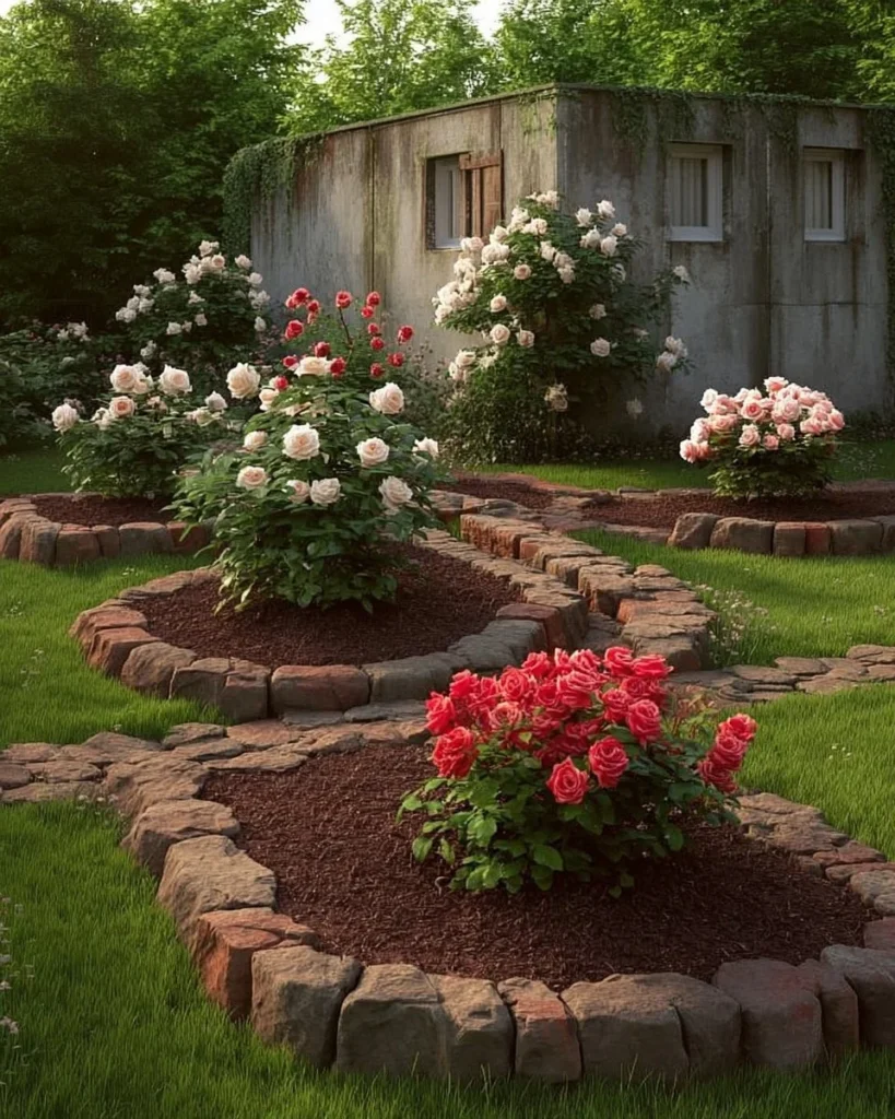 A beautiful rose garden featuring various colorful roses in a backyard setting.