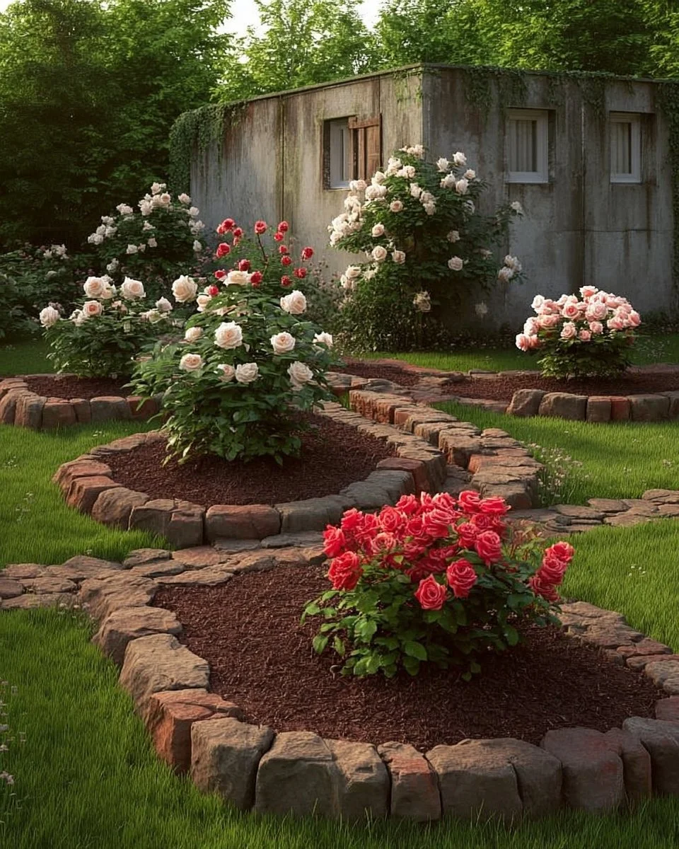 A beautiful rose garden featuring various colorful roses in a backyard setting.