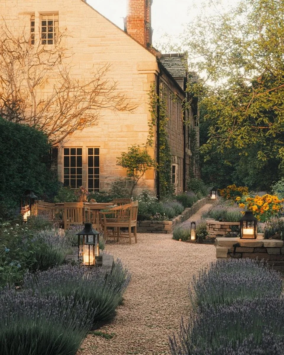 Charming cottage garden with colorful flowers and rustic pathways.
