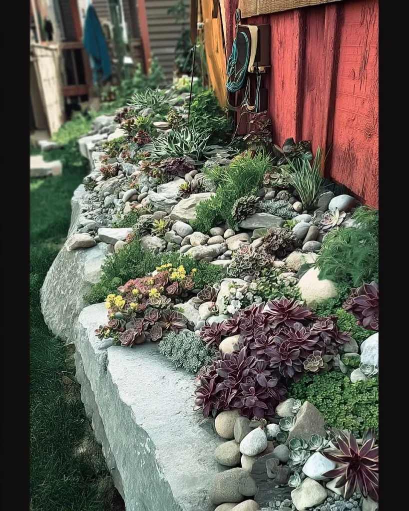 Beautiful succulent rock garden featuring various succulent plants and decorative stones.