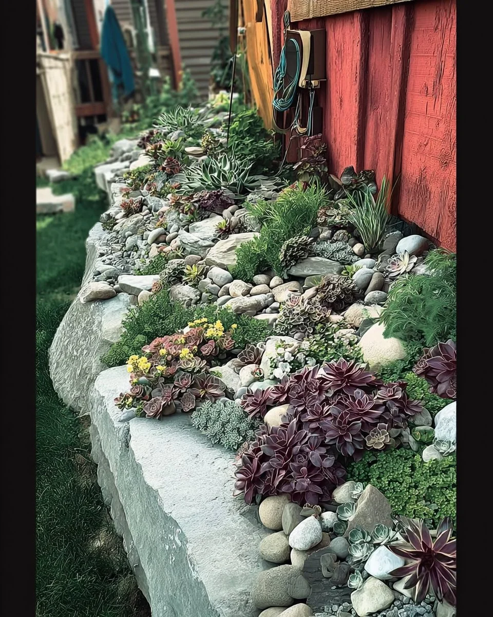 Beautiful succulent rock garden featuring various succulent plants and decorative stones.