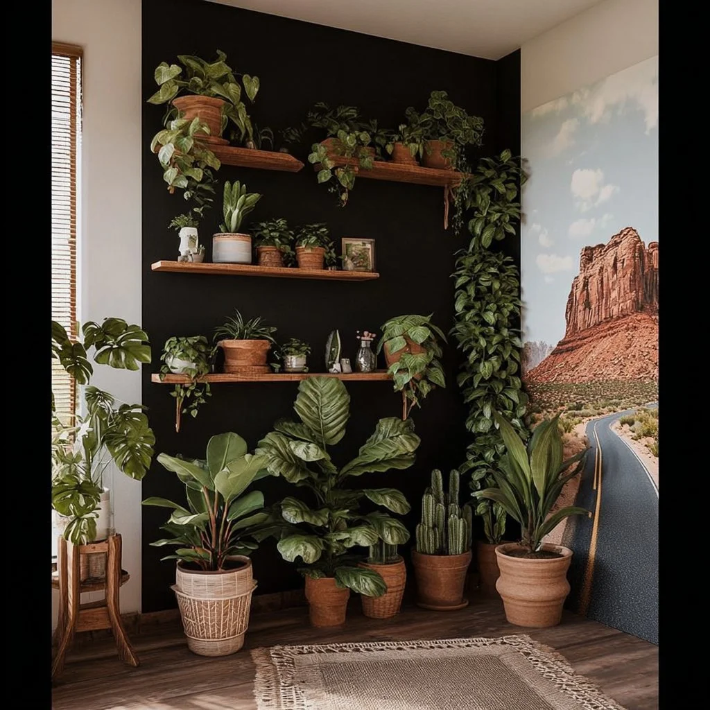 Stylish black accent wall in a living room with a TV fireplace design