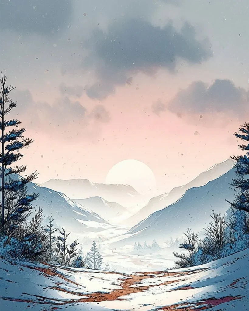 Stunning autumn winter landscape showcasing snowy hills and flowing rivers.