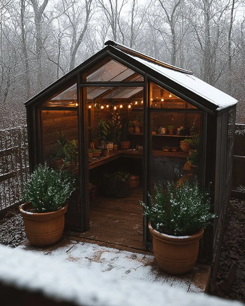 Charming winter greenhouse filled with lush plants and cozy decor