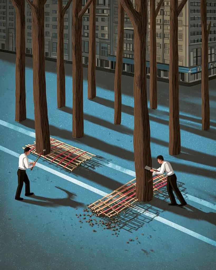 Illustration of consumerism's impact on climate change by John Holcroft.