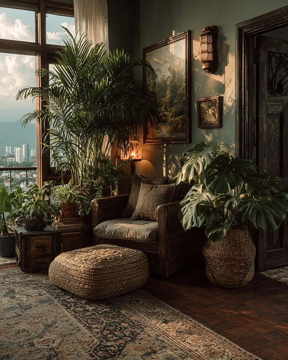 Cozy living room decorated with various house plants for a vibrant atmosphere.
