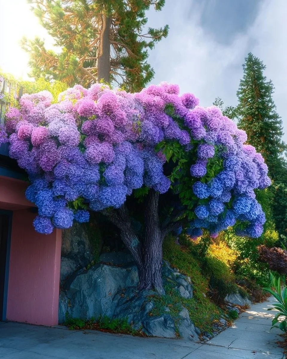 Beautiful Bigleaf Hydrangea (Hydrangea macrophylla) in a creative garden setting.