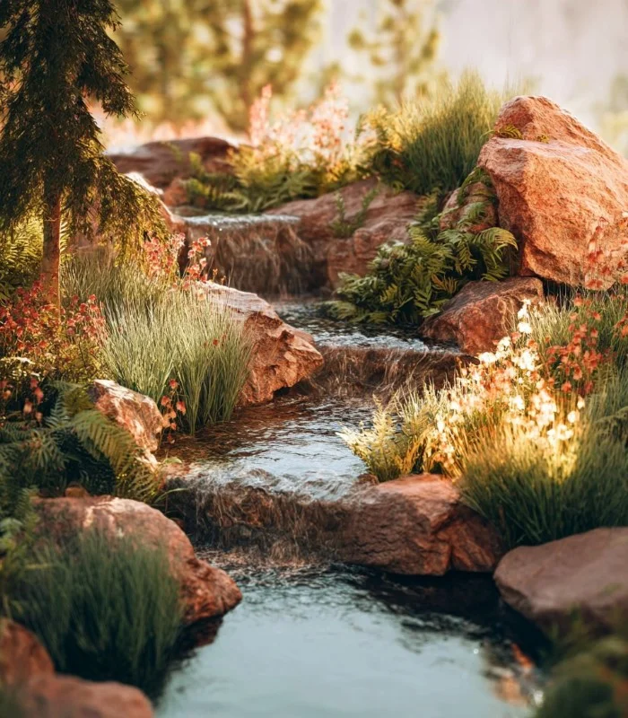 Magical fairy garden with whimsical water features and decorative plants.