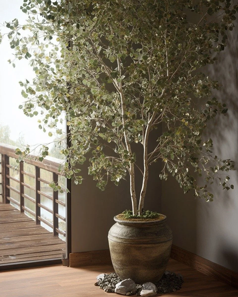 Faux eucalyptus tree in a modern home decor setting