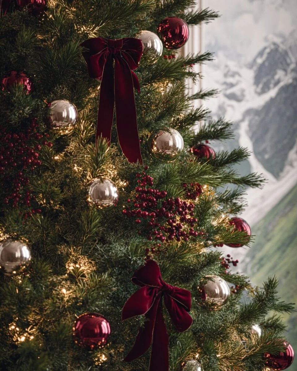 Beautifully decorated Christmas living room with festive decor and warm lights