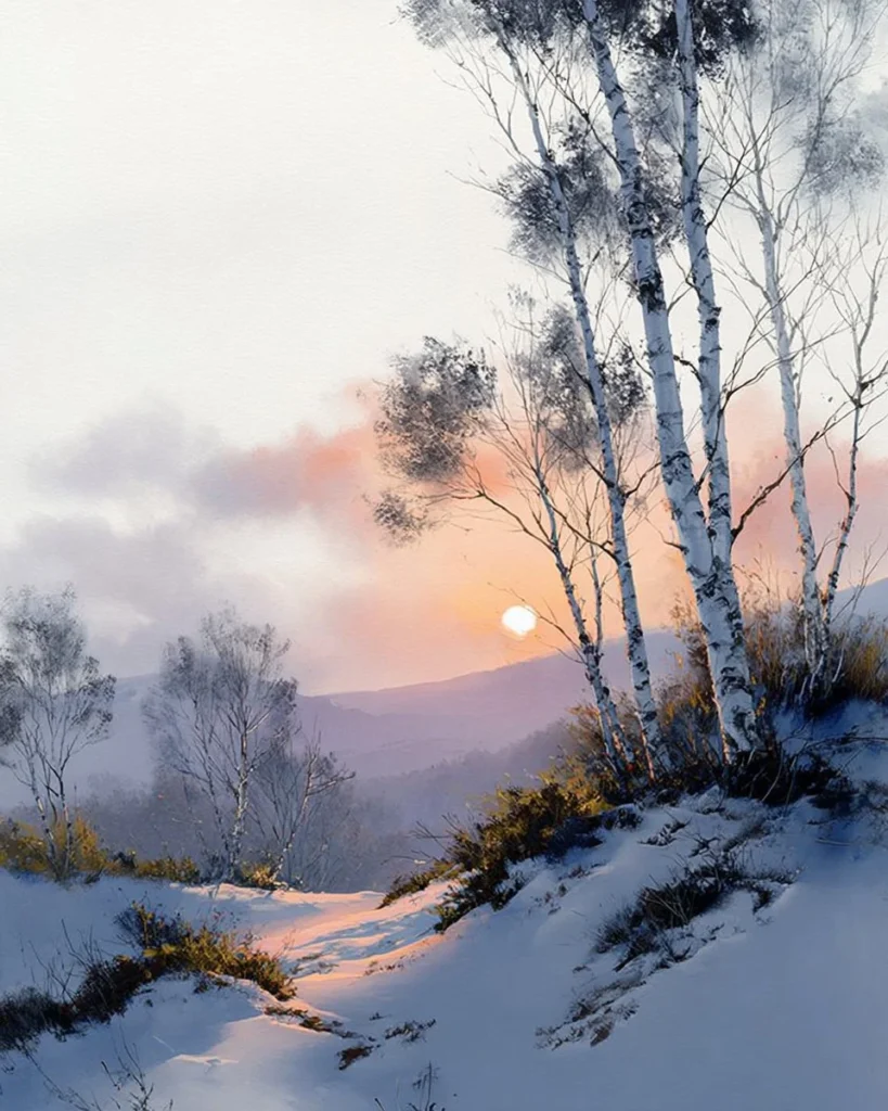 Beautiful winter landscape printable wall art for seasonal home decor.