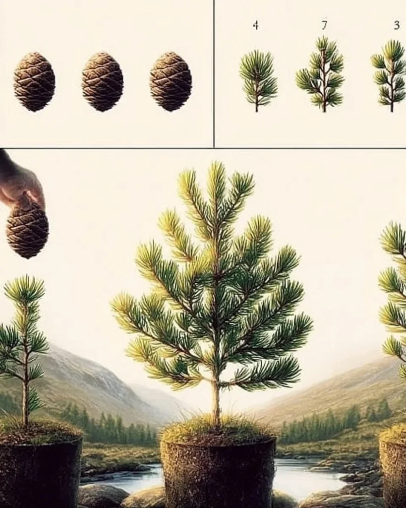 Growing a pine tree from a cone in a garden environment.