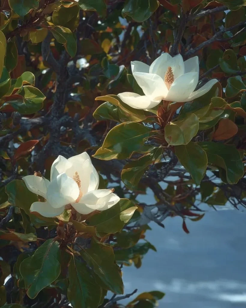 Southern Magnolia tree with large, fragrant white flowers in a beautiful garden setting.
