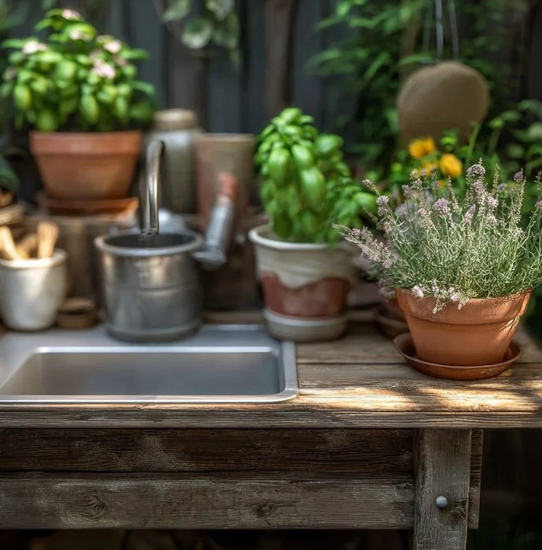 DIY budget potting bench with sink for gardening projects