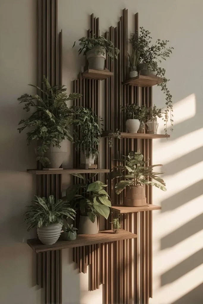 DIY wooden panel wall with shelves for home decor