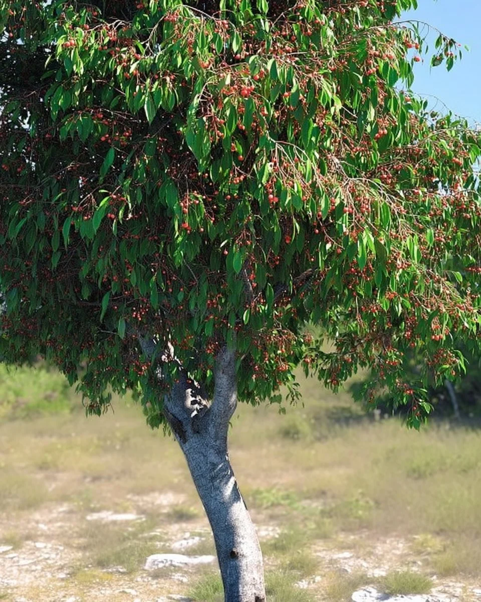 Healthy fruiting cherry trees in a lush garden setting.