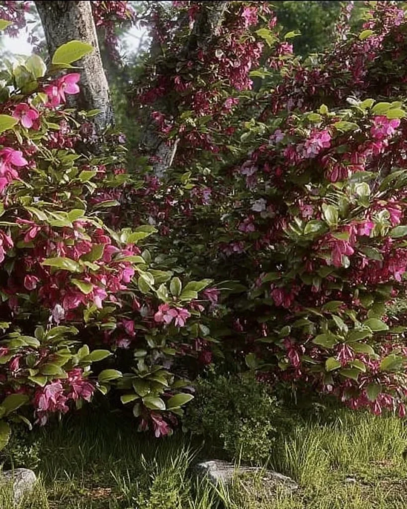 Blooming Weigela shrubs in a colorful garden setting.