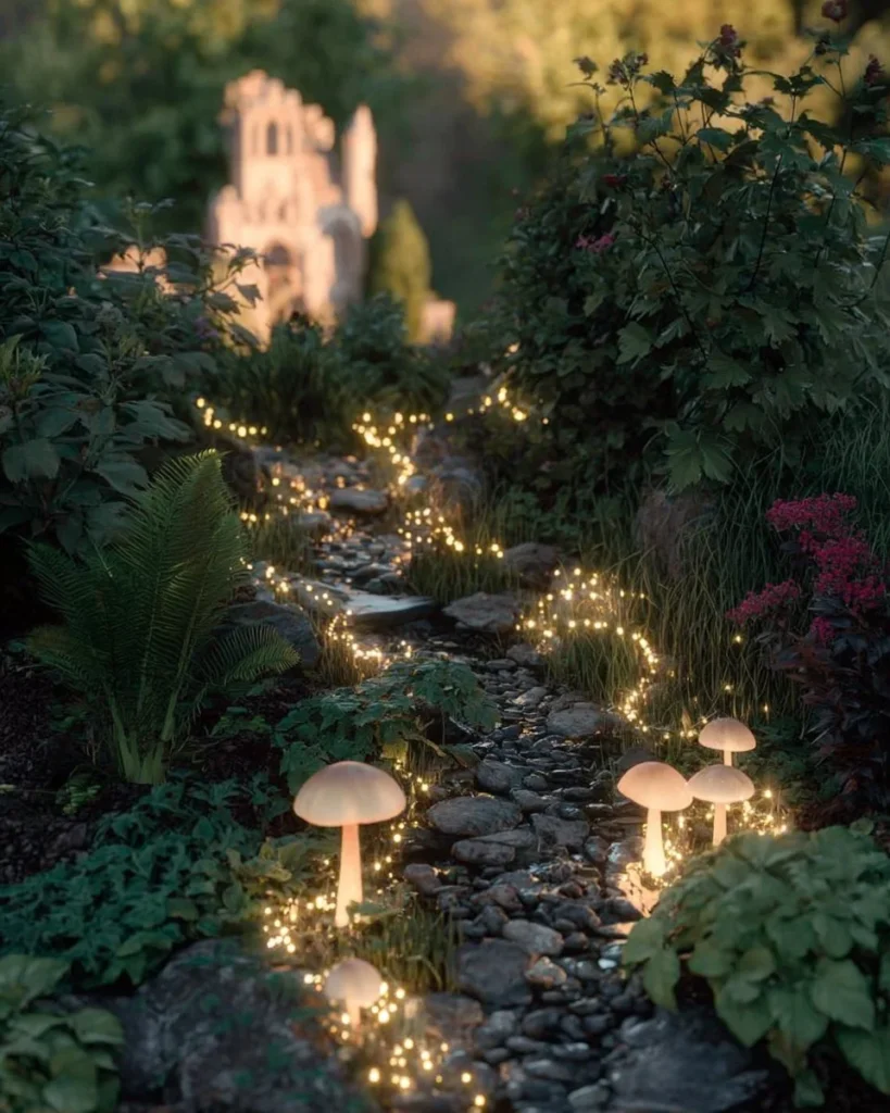 Large fairy garden with whimsical decorations and vibrant plant life