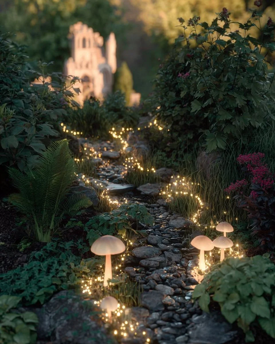 Large fairy garden with whimsical decorations and vibrant plant life