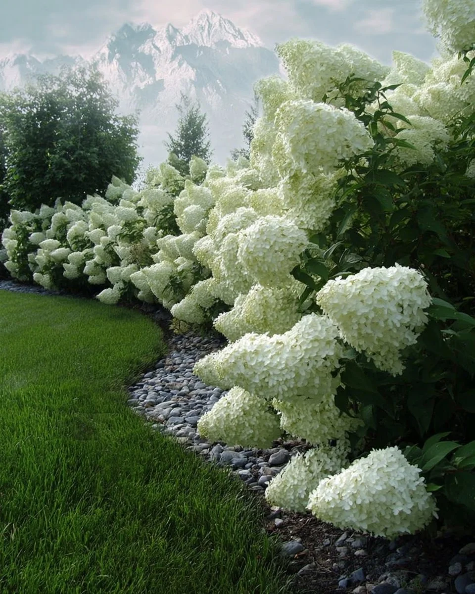 Limelight hydrangeas in full bloom showcasing their vibrant white and green colors.