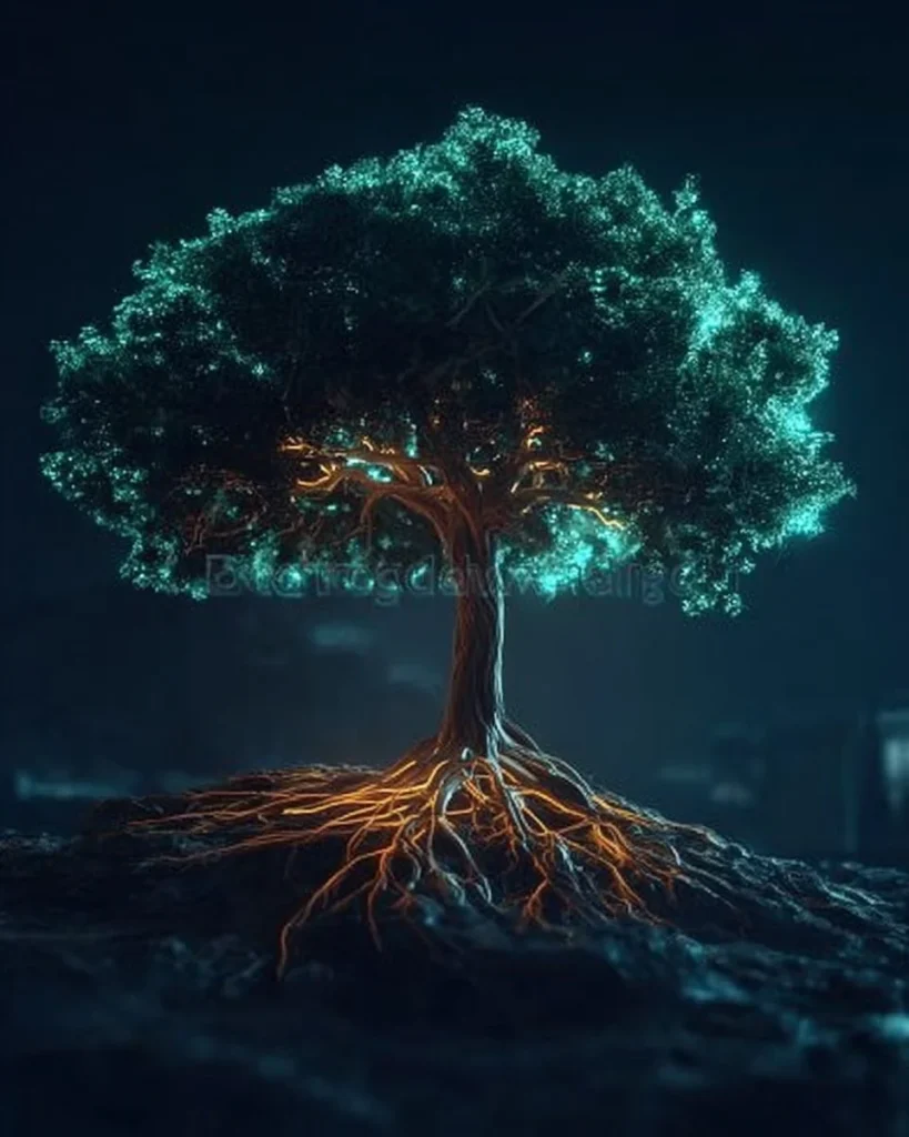 Luminous tree with glowing roots and branches in a dark setting