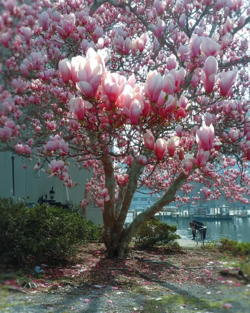 A beautiful magnolia tree in full bloom showcasing its large pink flowers.