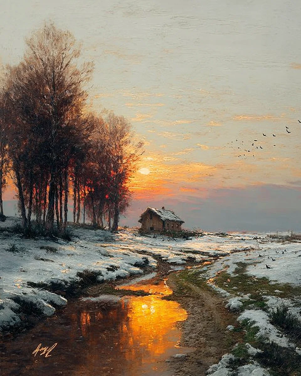 Winter sunset landscape showcasing a peaceful farmhouse in Cinnabar