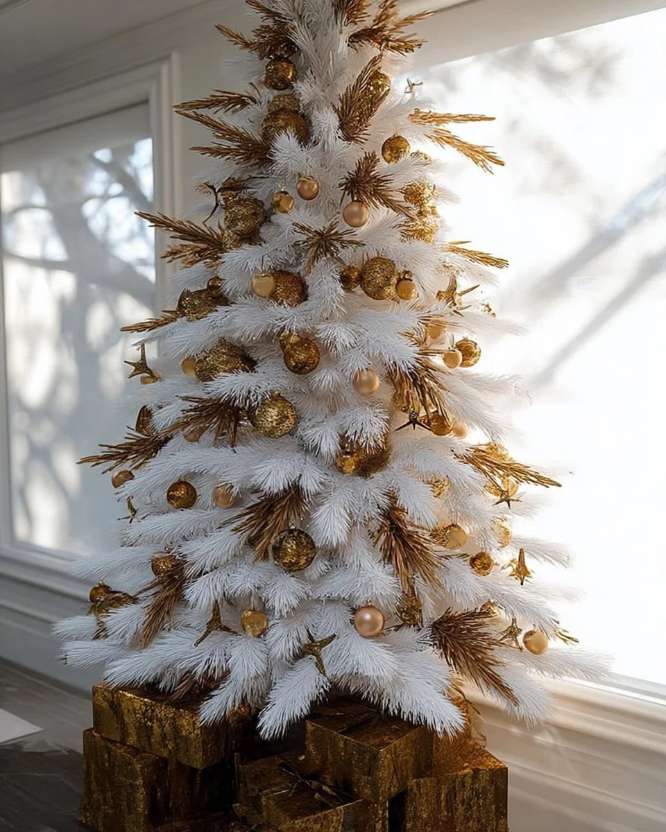 Monochrome gold and white Christmas tree decor inspiration for holiday styling