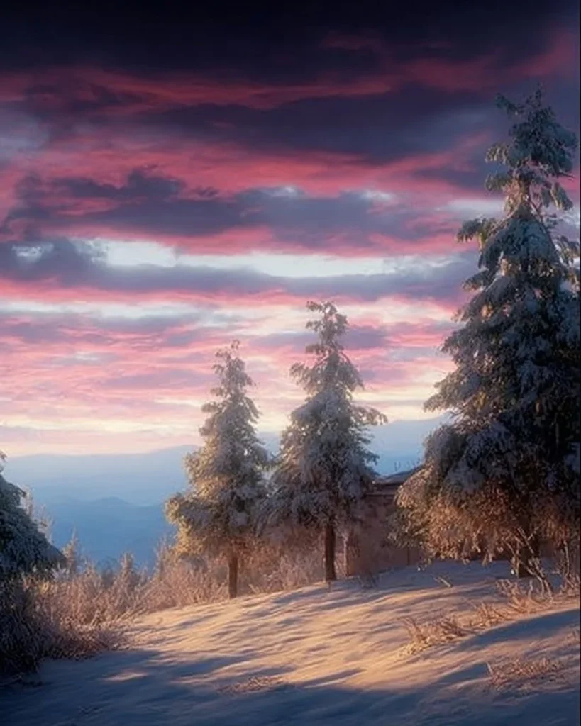 Stunning winter landscape in snowy mountains glowing with morning sunlight.