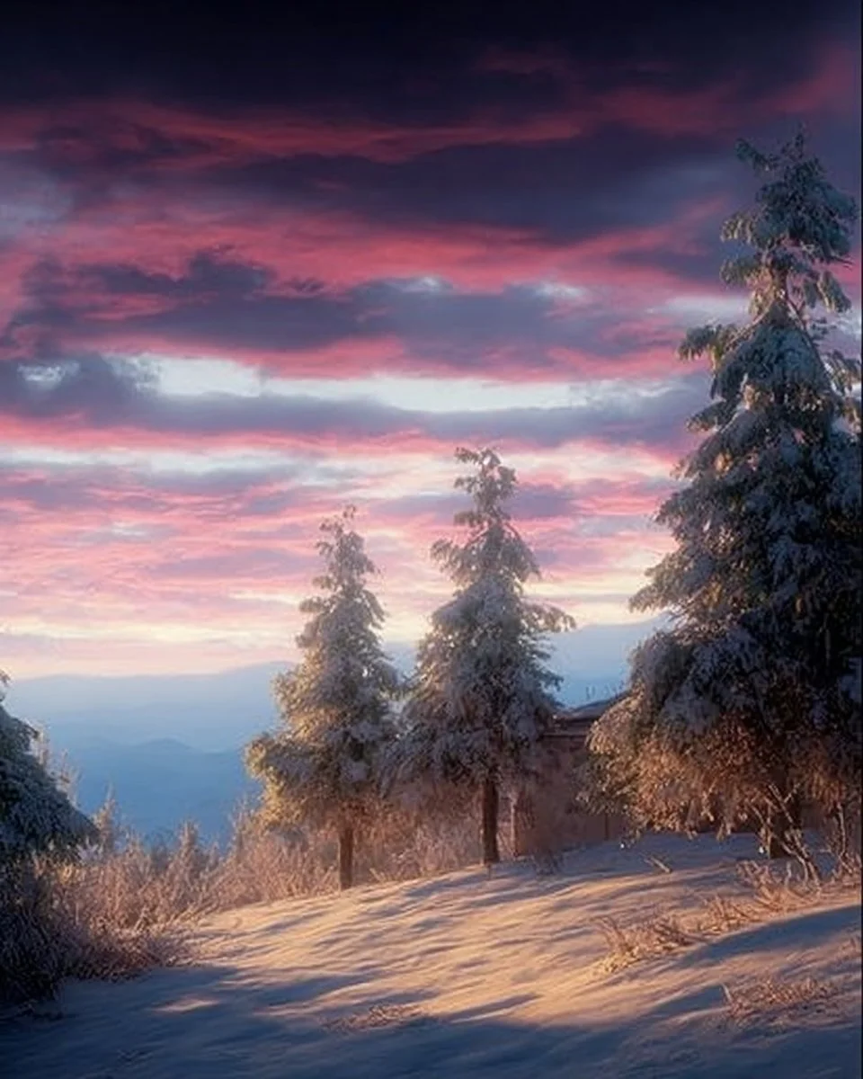 Stunning winter landscape in snowy mountains glowing with morning sunlight.