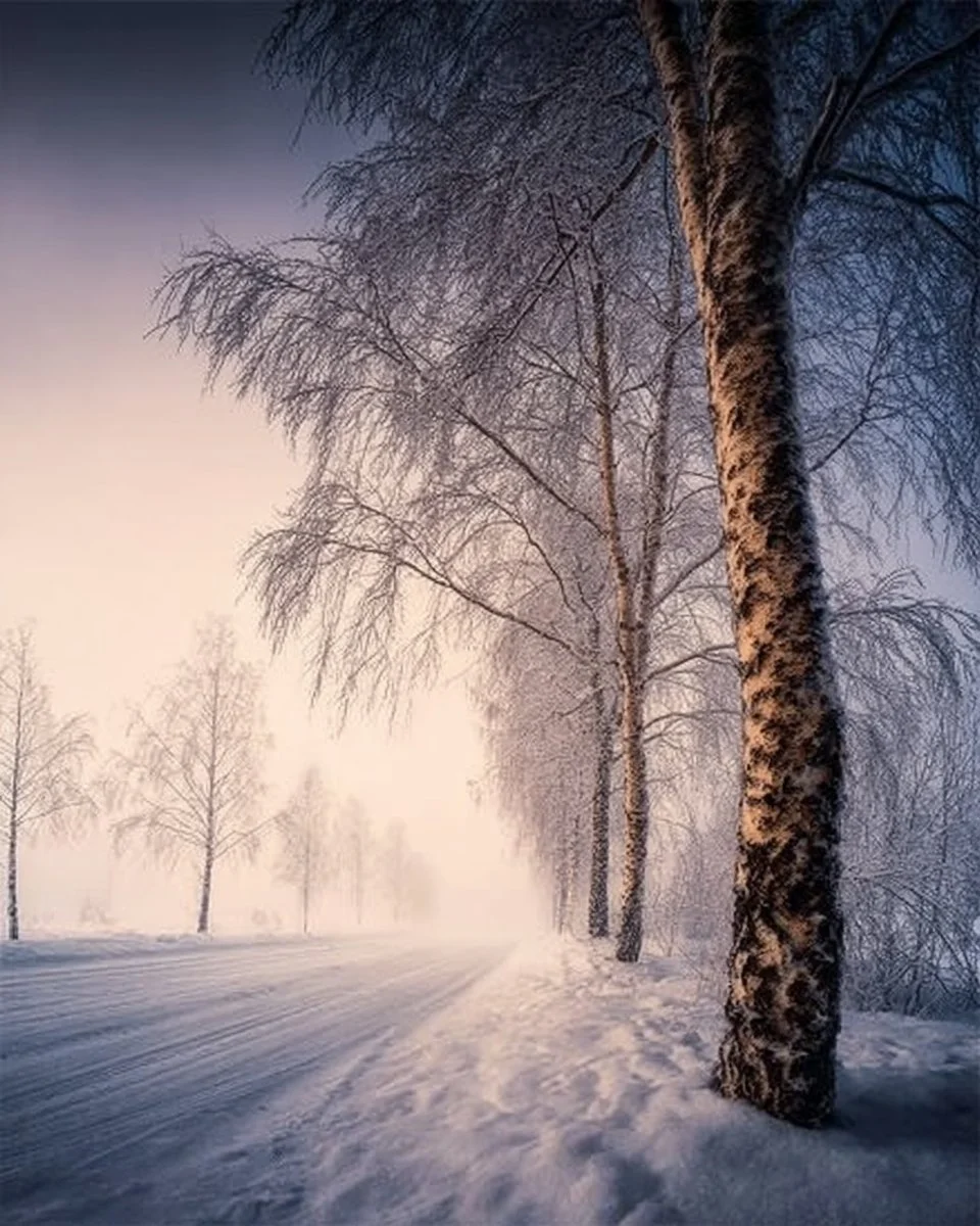 Scenic snow landscape with sunrise and snowy road in winter Finland