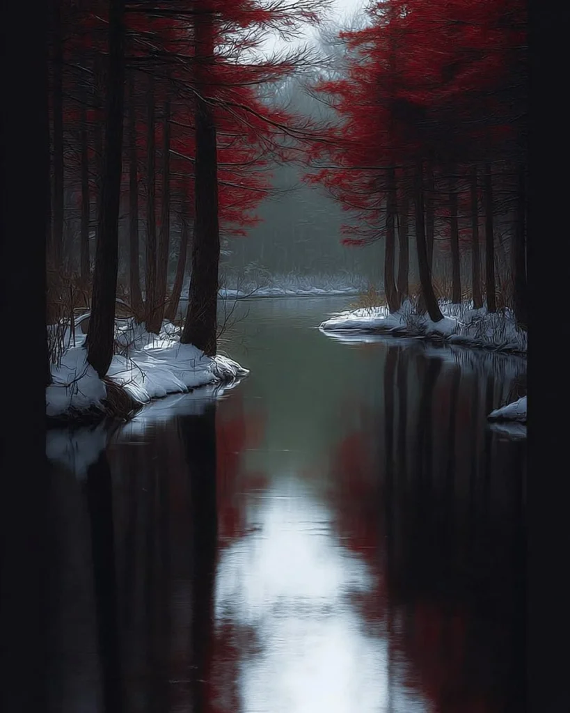 Red Trees in Winter artwork by emanuelley, stunning poster and metal print.