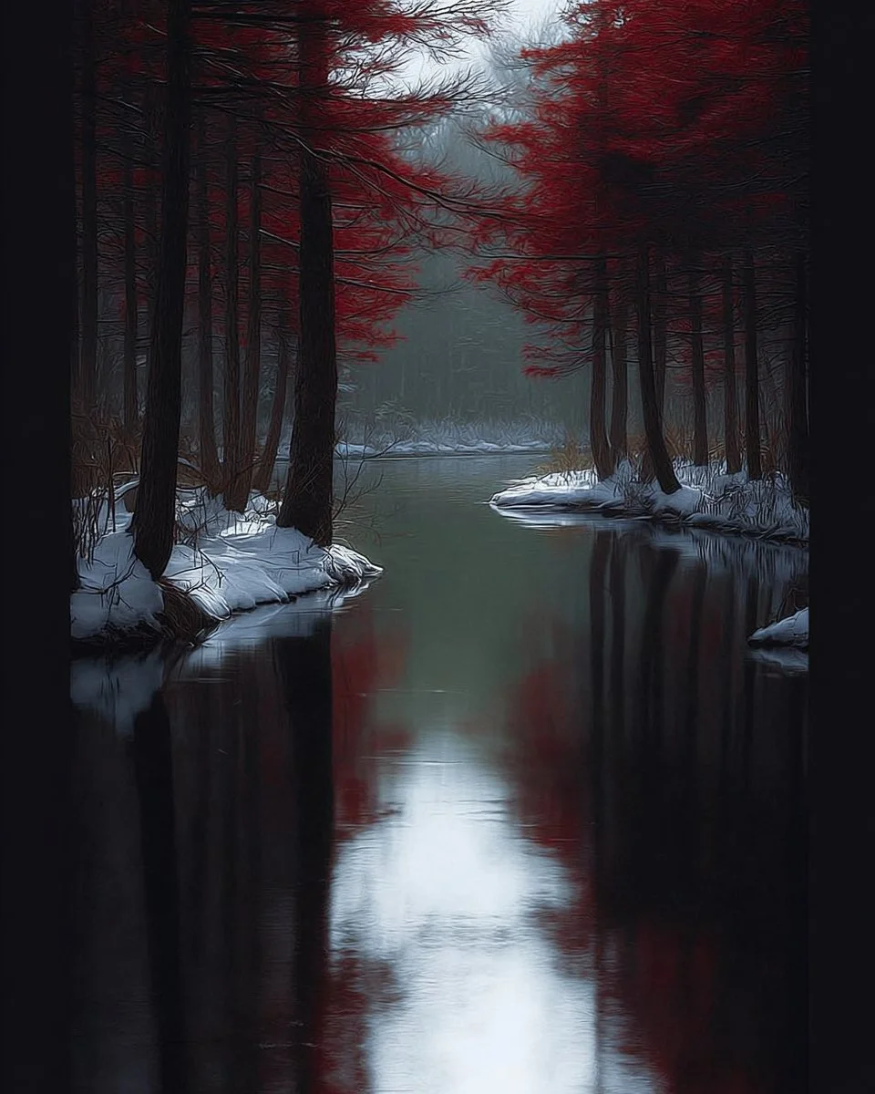 Red Trees in Winter artwork by emanuelley, stunning poster and metal print.